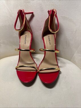 bebe Red Patent Strappy Heels with Gold Bands